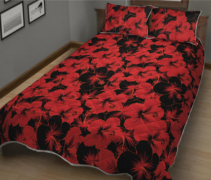 Black And Red Hibiscus Pattern Print Quilt Bed Set