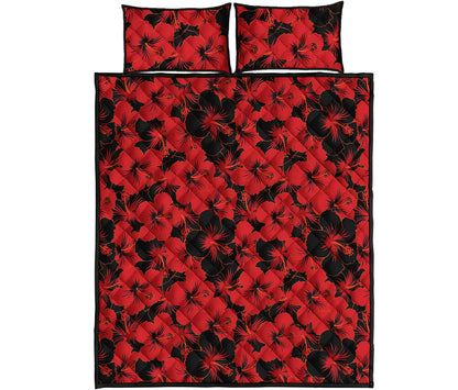 Black And Red Hibiscus Pattern Print Quilt Bed Set
