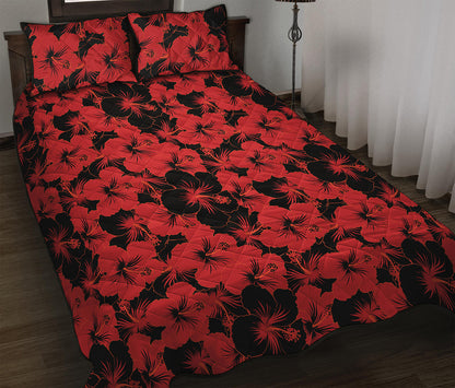 Black And Red Hibiscus Pattern Print Quilt Bed Set