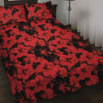 Black And Red Hibiscus Pattern Print Quilt Bed Set