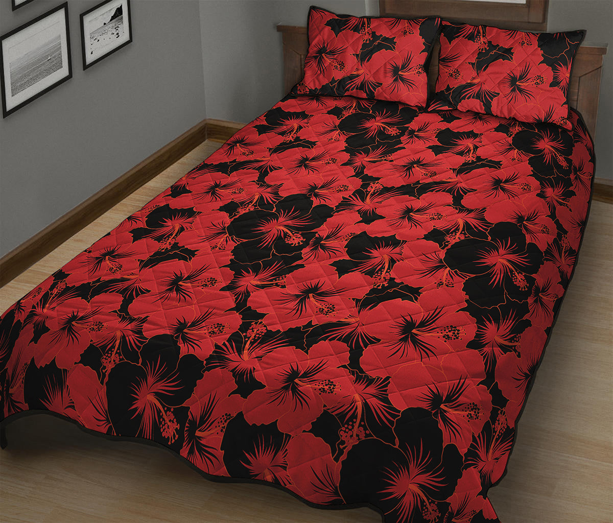 Black And Red Hibiscus Pattern Print Quilt Bed Set