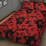 Black And Red Hibiscus Pattern Print Quilt Bed Set