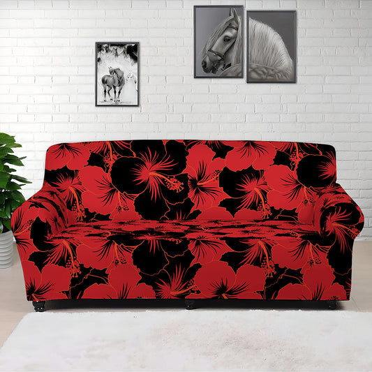 Black And Red Hibiscus Pattern Print Sofa Cover