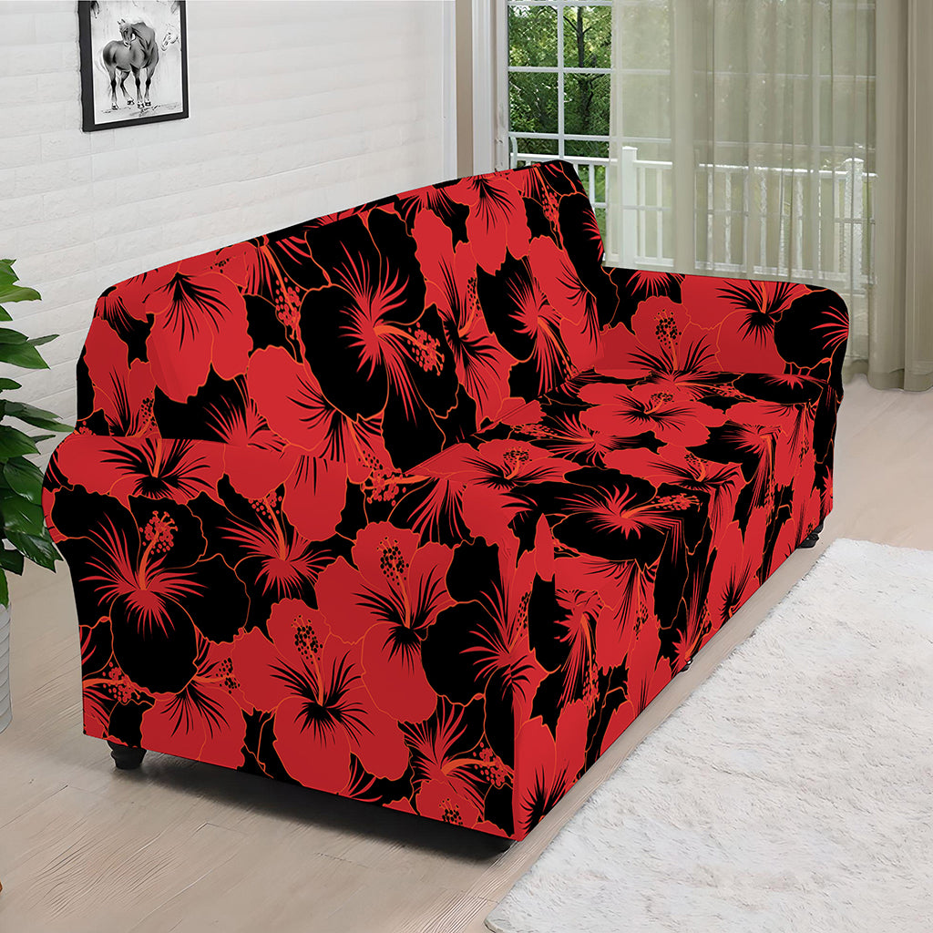 Black And Red Hibiscus Pattern Print Sofa Cover