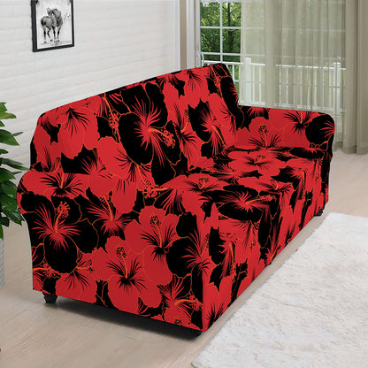 Black And Red Hibiscus Pattern Print Sofa Cover