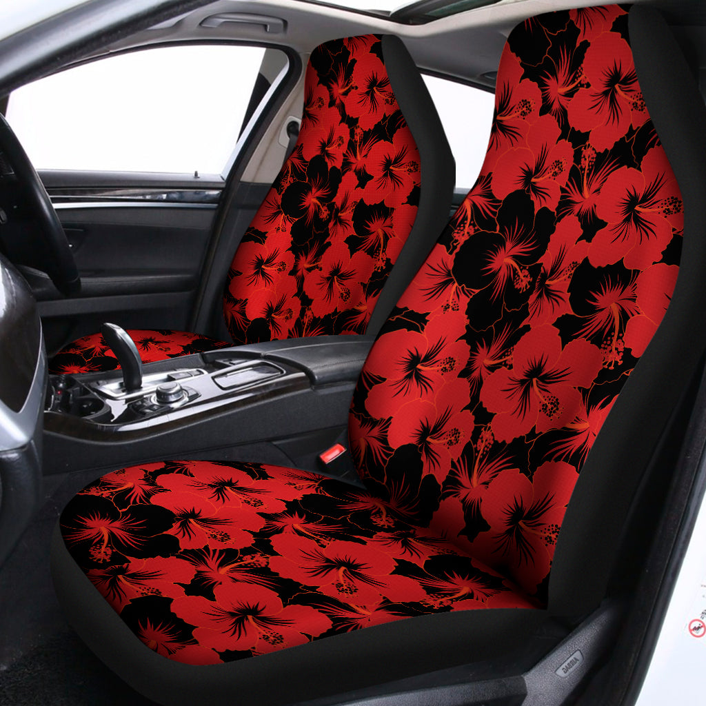 Black And Red Hibiscus Pattern Print Universal Fit Car Seat Covers