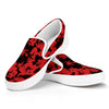 Black And Red Hibiscus Pattern Print White Slip On Shoes