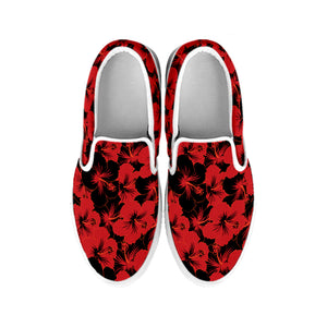 Black And Red Hibiscus Pattern Print White Slip On Shoes