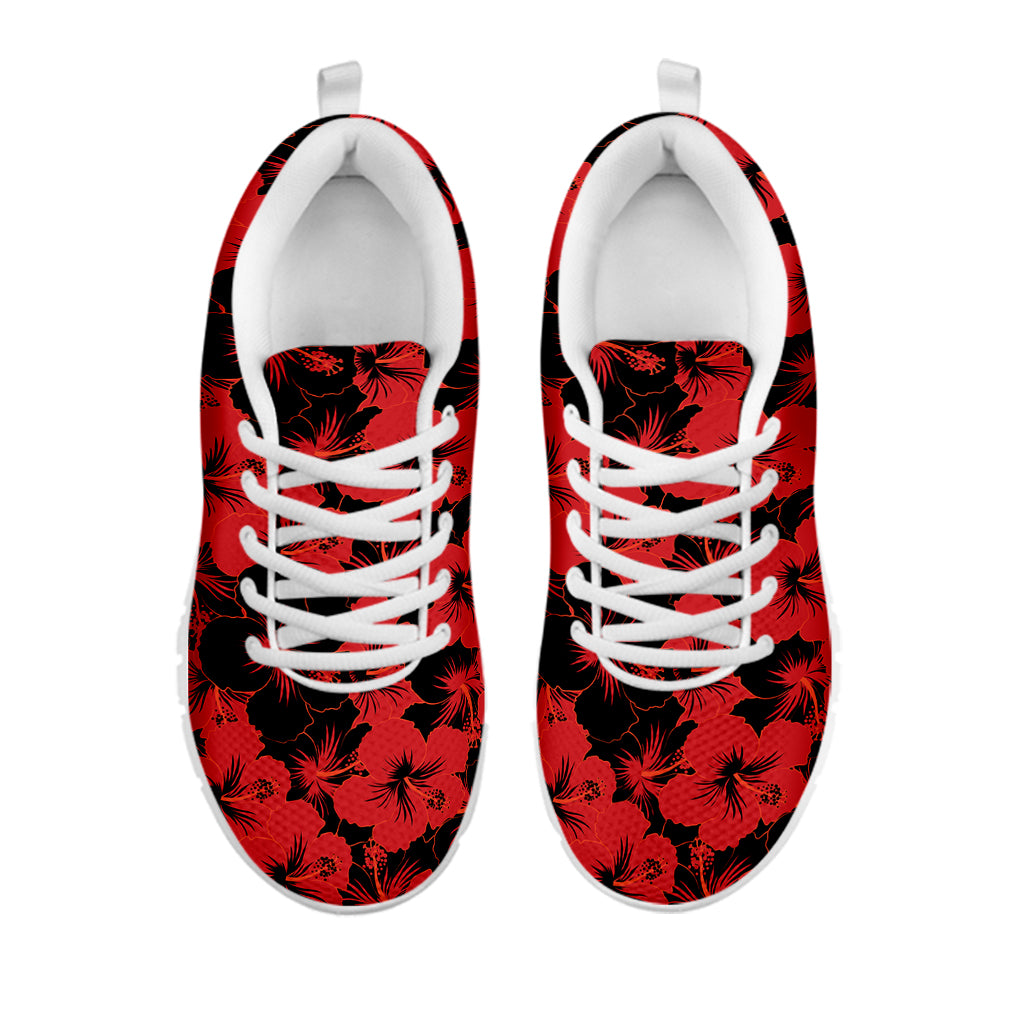 Black And Red Hibiscus Pattern Print White Sneakers