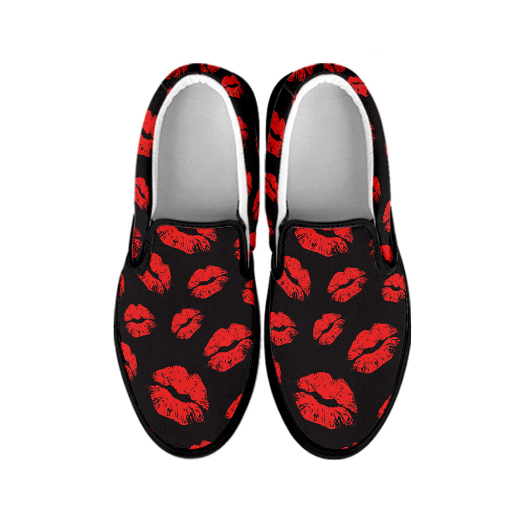Black And Red Lips Pattern Print Black Slip On Shoes