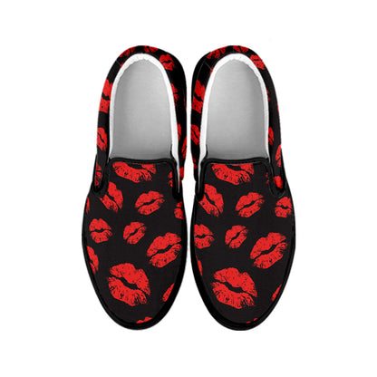 Black And Red Lips Pattern Print Black Slip On Shoes