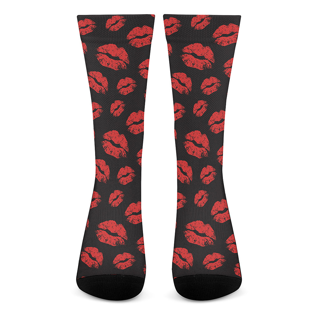 Black And Red Lips Pattern Print Crew Socks