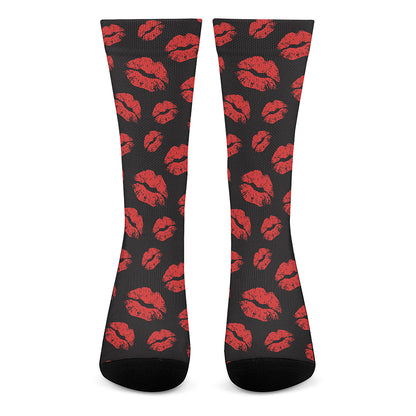 Black And Red Lips Pattern Print Crew Socks