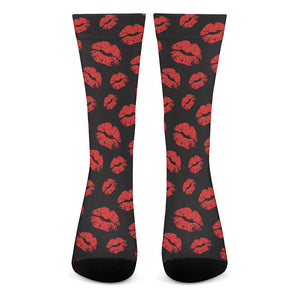 Black And Red Lips Pattern Print Crew Socks