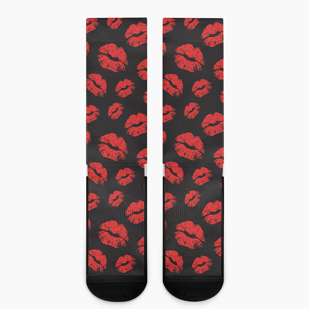 Black And Red Lips Pattern Print Crew Socks