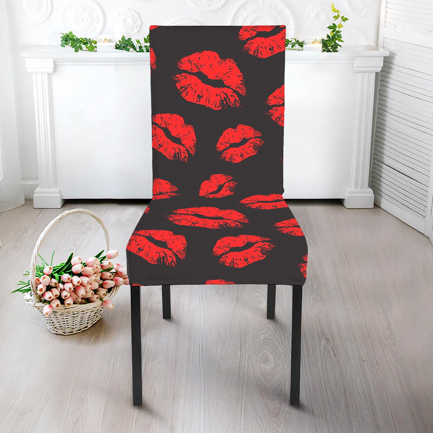 Black And Red Lips Pattern Print Dining Chair Slipcover