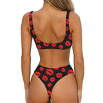 Black And Red Lips Pattern Print Front Bow Tie Bikini