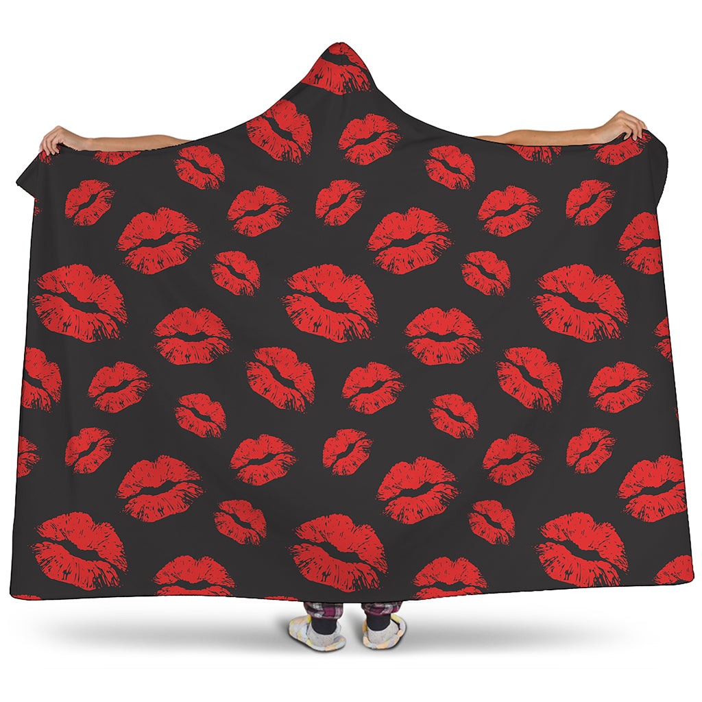 Black And Red Lips Pattern Print Hooded Blanket