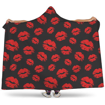 Black And Red Lips Pattern Print Hooded Blanket