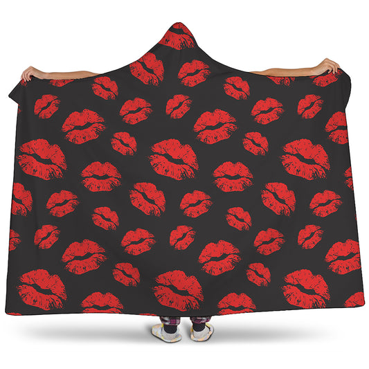 Black And Red Lips Pattern Print Hooded Blanket