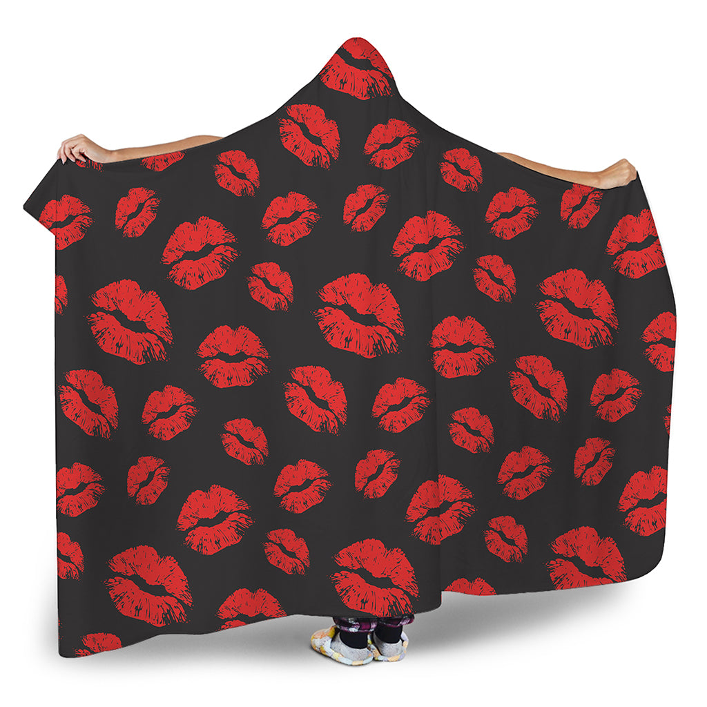 Black And Red Lips Pattern Print Hooded Blanket