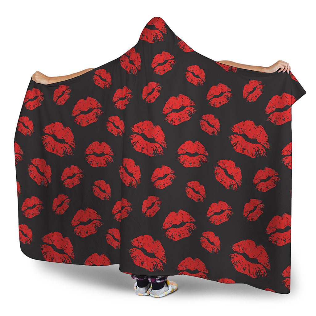 Black And Red Lips Pattern Print Hooded Blanket