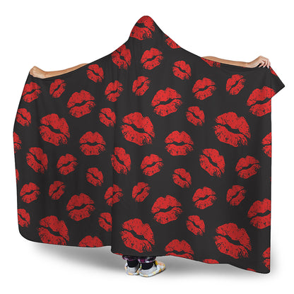 Black And Red Lips Pattern Print Hooded Blanket