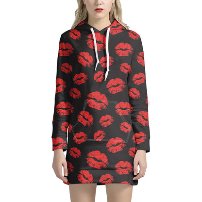 Black And Red Lips Pattern Print Hoodie Dress