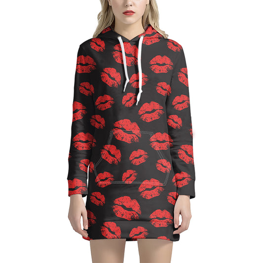 Black And Red Lips Pattern Print Hoodie Dress