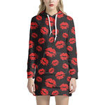 Black And Red Lips Pattern Print Hoodie Dress