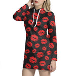 Black And Red Lips Pattern Print Hoodie Dress