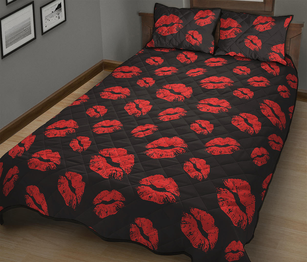 Black And Red Lips Pattern Print Quilt Bed Set