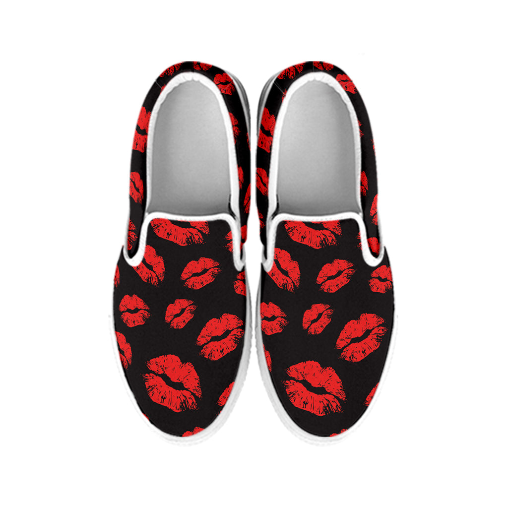 Black And Red Lips Pattern Print White Slip On Shoes