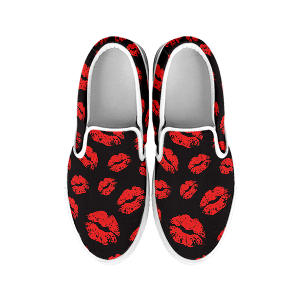Black And Red Lips Pattern Print White Slip On Shoes