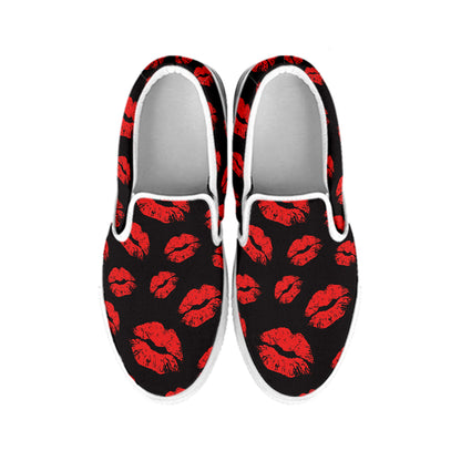 Black And Red Lips Pattern Print White Slip On Shoes