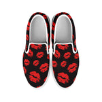 Black And Red Lips Pattern Print White Slip On Shoes