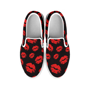 Black And Red Lips Pattern Print White Slip On Shoes