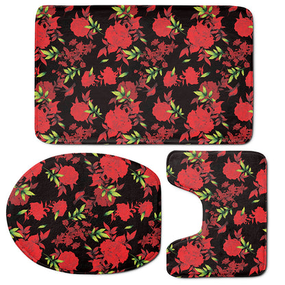 Black And Red Roses Floral Print 3 Piece Bath Mat Set