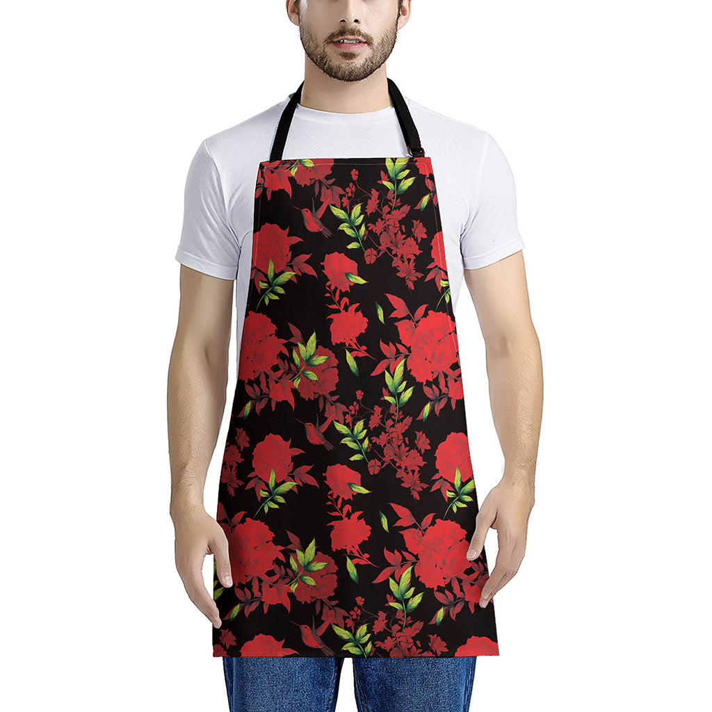 Black And Red Roses Floral Print Apron