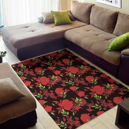 Black And Red Roses Floral Print Area Rug