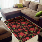 Black And Red Roses Floral Print Area Rug