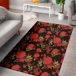 Black And Red Roses Floral Print Area Rug
