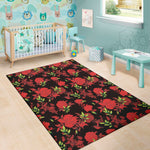 Black And Red Roses Floral Print Area Rug