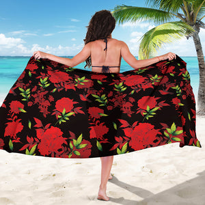 Black And Red Roses Floral Print Beach Sarong Wrap