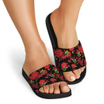 Black And Red Roses Floral Print Black Slide Sandals