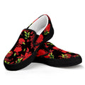 Black And Red Roses Floral Print Black Slip On Sneakers