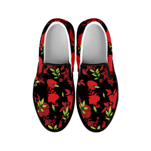 Black And Red Roses Floral Print Black Slip On Shoes