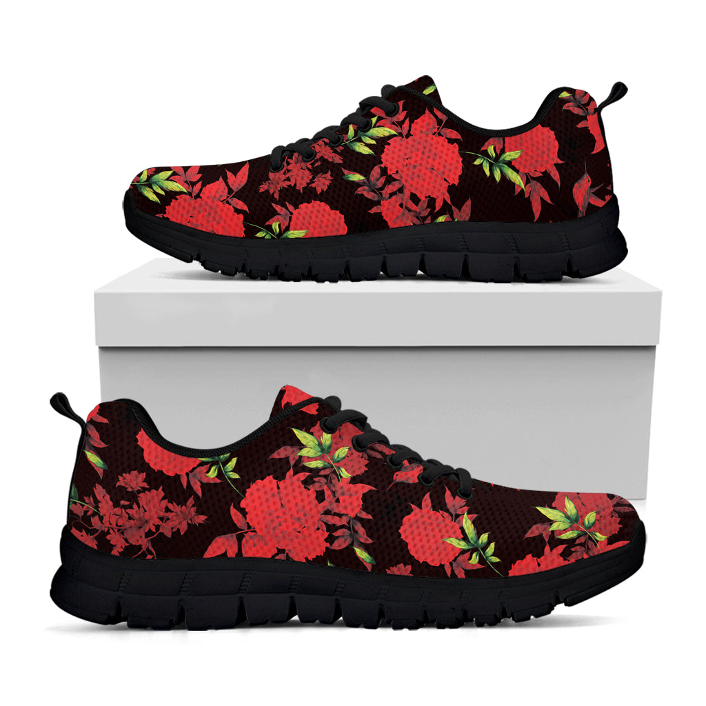 Black And Red Roses Floral Print Black Sneakers