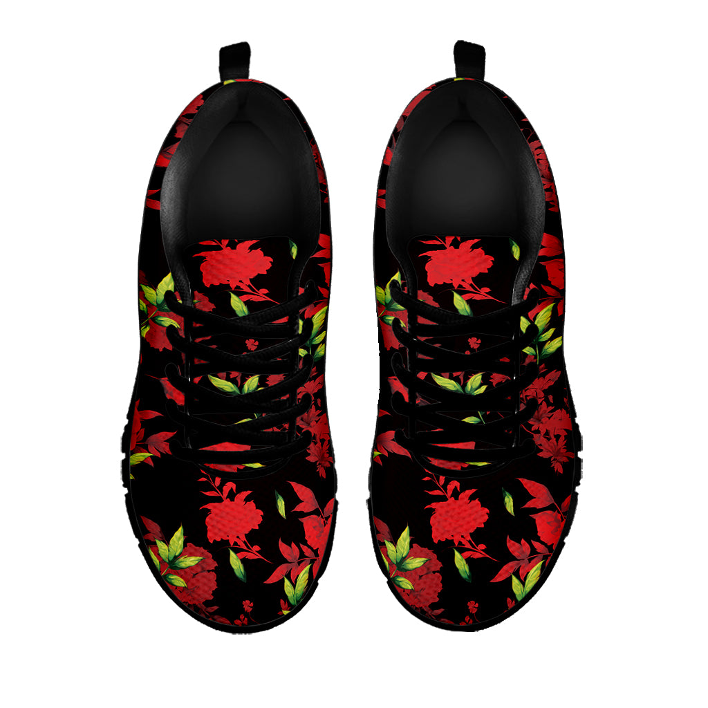 Black And Red Roses Floral Print Black Sneakers