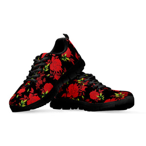 Black And Red Roses Floral Print Black Sneakers